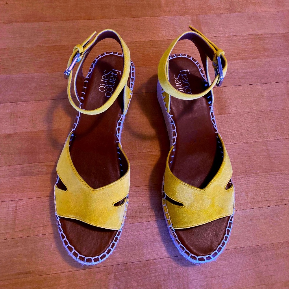 FRANCO SARTO YELLOW SUEDE LEATHER ESPADRILLES WEDGE SANDALS, Size 8 - NWOT